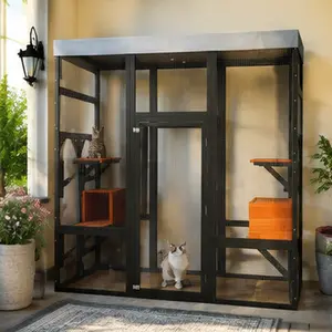 ARCH Large Outdoor Cat Enclosure Catio with 5 Platforms & 2 Napping Houses, Secure Metal Wire, Solid Wood Frame, Waterproof Top, Easy Assembly for Indoor Outdoor Use, Black Orange, Black+Orange Color Options, Solid Wood Material, Product Dimensions: