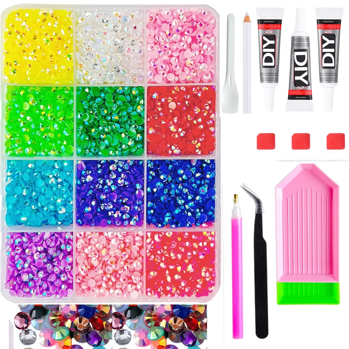 Sparkling Rainbow, Diy Rhinestone set with flatback resin rhinestones in vivid rainbow hues, complete tool gift pack including sorting trays, picker pens & more, ultimate creative gift for her, Summervibes