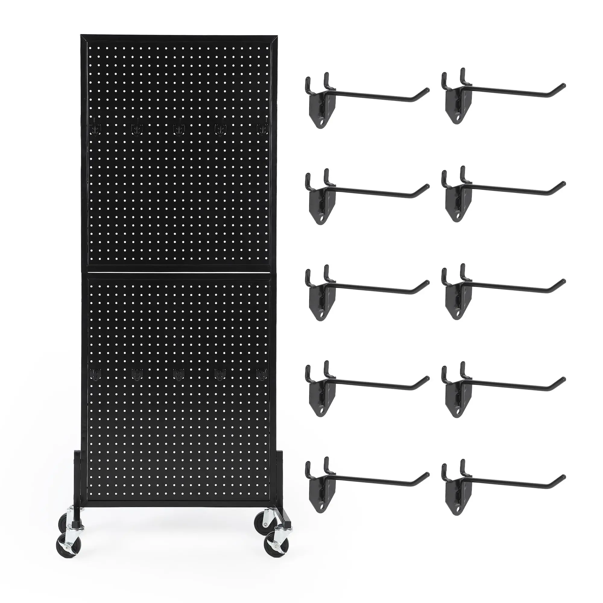 Garvee 2'X5' Standing Pegboard Display with 10 Hooks, Metal Peg Board Display Rack with Heavy-Duty t-Base, Floor Standing Adjustable Pegboard Organizer for Retail, Vendor, Tool Shop, Craft Show, Black