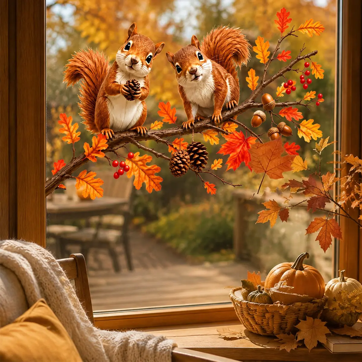 Fall Squirrel Static Window Cling, Autumn Maple Leaves and Acorn Decal, Reusable Thanksgiving Harvest Decoration, Home Kitchen Living Room