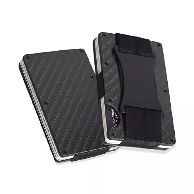 Carbon Fiber Minimalist Wallet, Slim Metal Card Holder with Cash Strap, Lightweight RFID Blocking Front Pocket Wallet