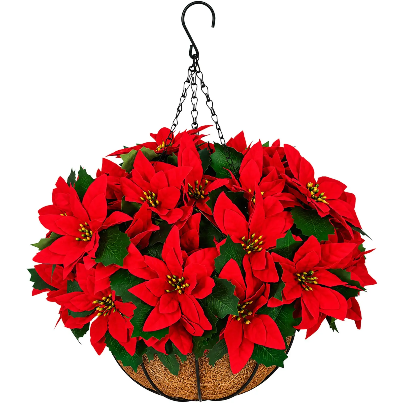2 Piece Artificial Poinsettia Christmas Hanging Baskets, Hanging Ornaments, 12 Silk Flowers, Outdoor Indoor Decor for Porch, Garden, Yard, Home