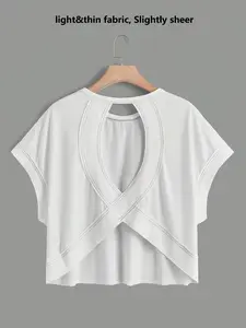 Women's Batwing Sleeve Loose Fit Hollow Out Short Sleeve Top, Breathable Sporty T-Shirt for B Biking, Casual Wear All Seasons