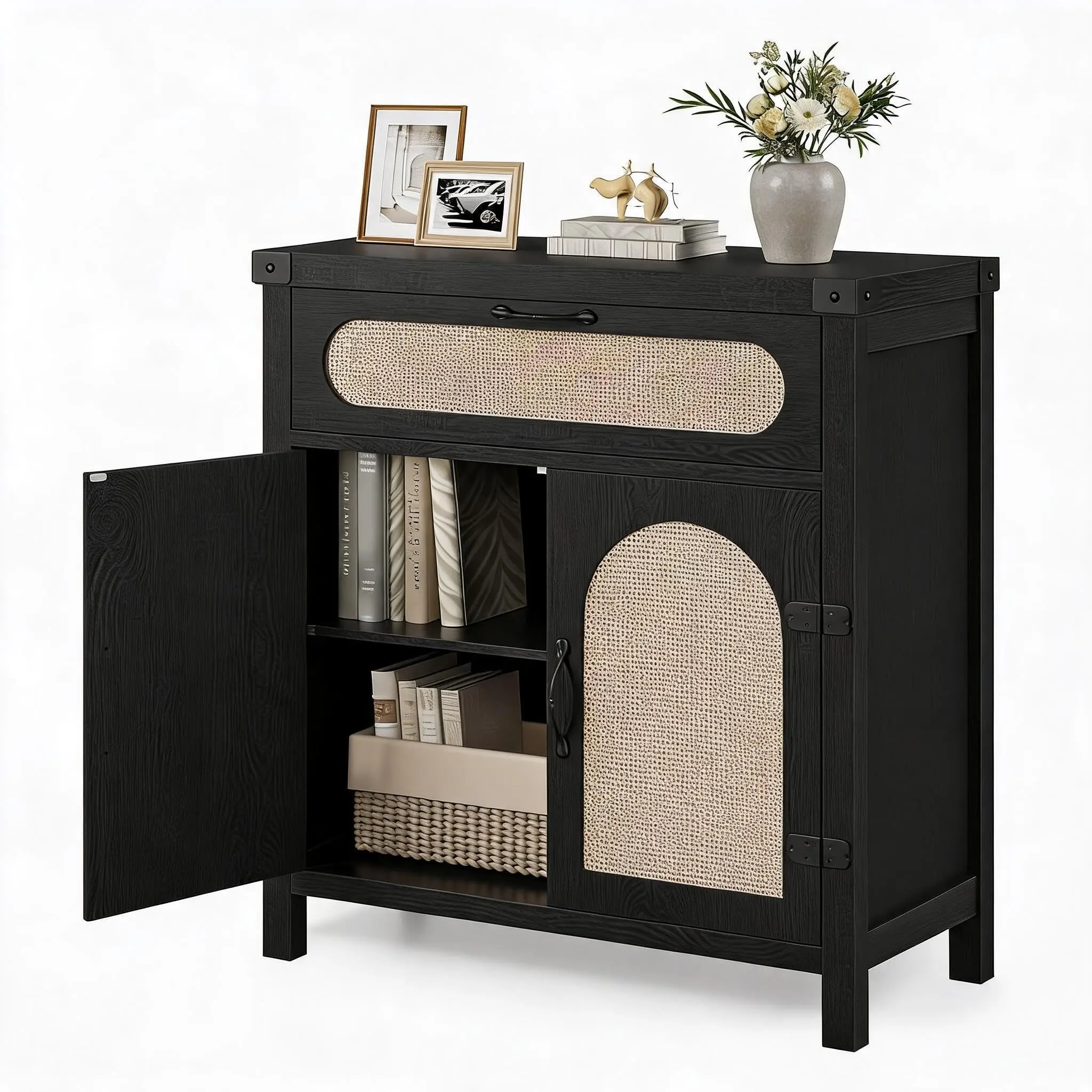 GARVEE Rattan Sideboard with Drawer and Synthetic Doors – Wooden Buffet Cabinet, Adjustable Shelves – Boho Storage Furniture for Living Room, Dining Room, or Hallway – Versatile and Elegant Design