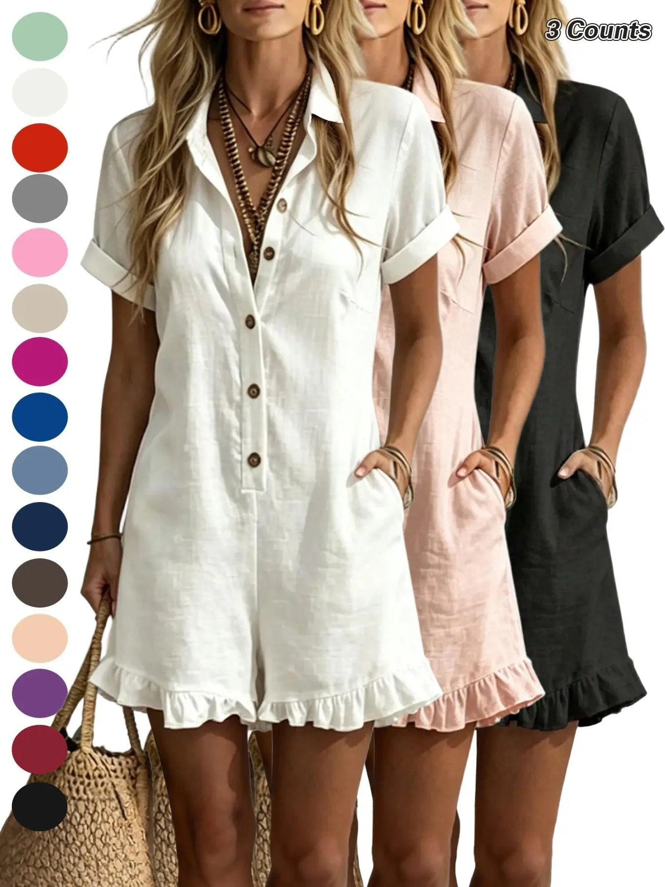 Loose Fit Slimming Breathable Ruffle One-Piece Shorts Jumpsuit, Collared Design, Comfortable, Casual and Stylish, Perfect for Daily Wear, Everyday
