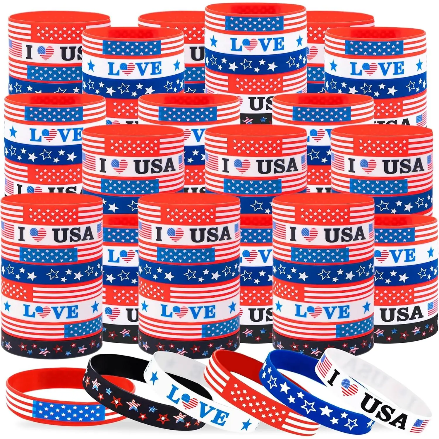 200PCS 4th/Fourth of July Accessories Party Favors: Patriotic Silicone Rubber Bracelets Bulk USA Flag Wristbands American Memorial Day Decorations Gifts Supplies