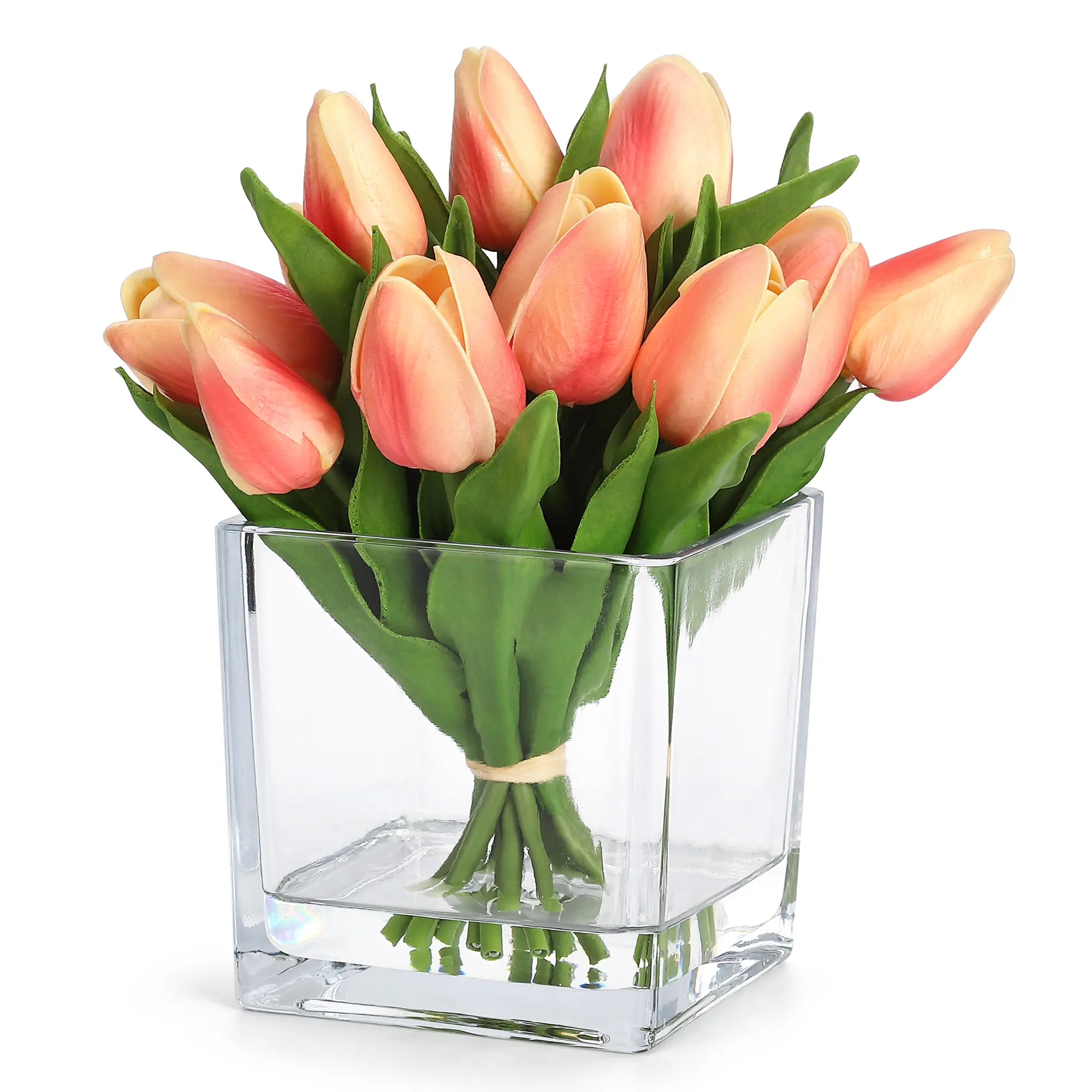 Real Touch Artificial Tulips in Glass Vase with Faux Water – 12 Silk Tulip Stems – Home Decor, Table Centerpiece, Wedding, Spring Arrangement