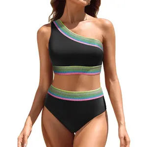 Tempt Me Women High Waisted Bikini Set - One Shoulder Two Piece Swimsuits Color Block Bathing Suits with Swimwear Bottom DealsForYouDays