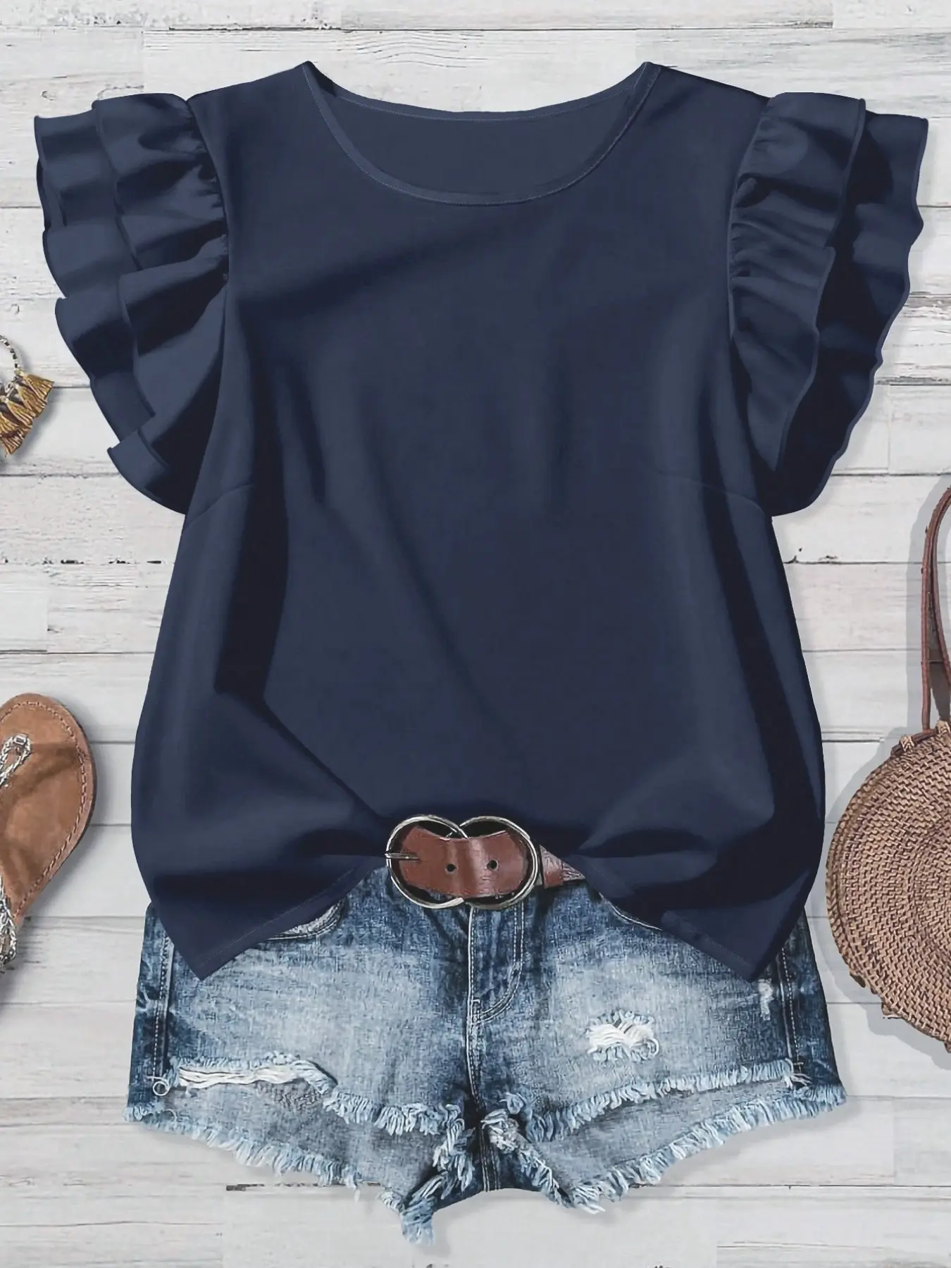Women's Spring Summer Ruffle Sleeve Casual Baggy Basic Solid Color Feminine Top, Ruffled Neck Shirt, Perfect for Daily Commute/ Vacation Wear