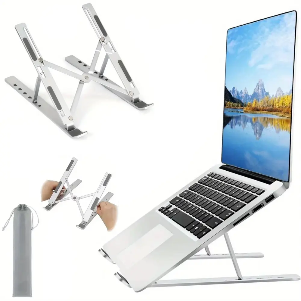 Aluminum Metal Foldable Laptop Stand for Laptop Users, Adjustable Height Ergonomic Riser with 7-Level Anti-Slip Design, Fits 9-17” MacBook, iPad, Tablet, Silver