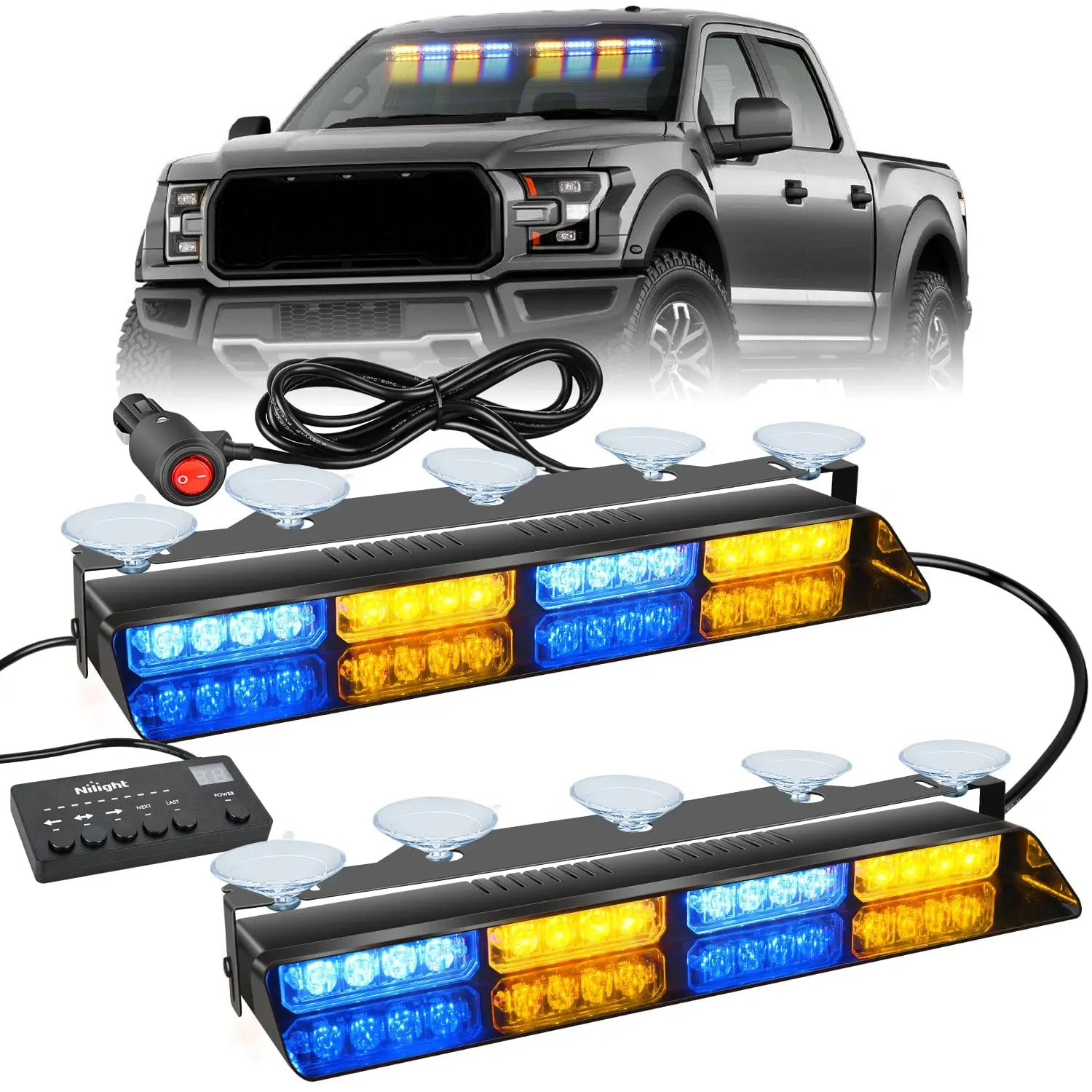 Nilight 32-LED Amber Blue Emergency Dash Strobe Lights - ABS+PC, with Controller, Suction Cups, Flickering Mode, Steady On/Off, for All Vehicles