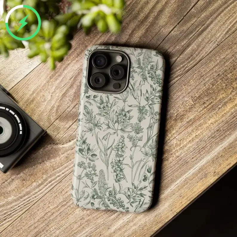 Green Floral Hand Drawn Phone Case Green Wildflower Phone Case Flower Phone Case for iPhone 17ProMax 16 15 14 13 12 11 Pro