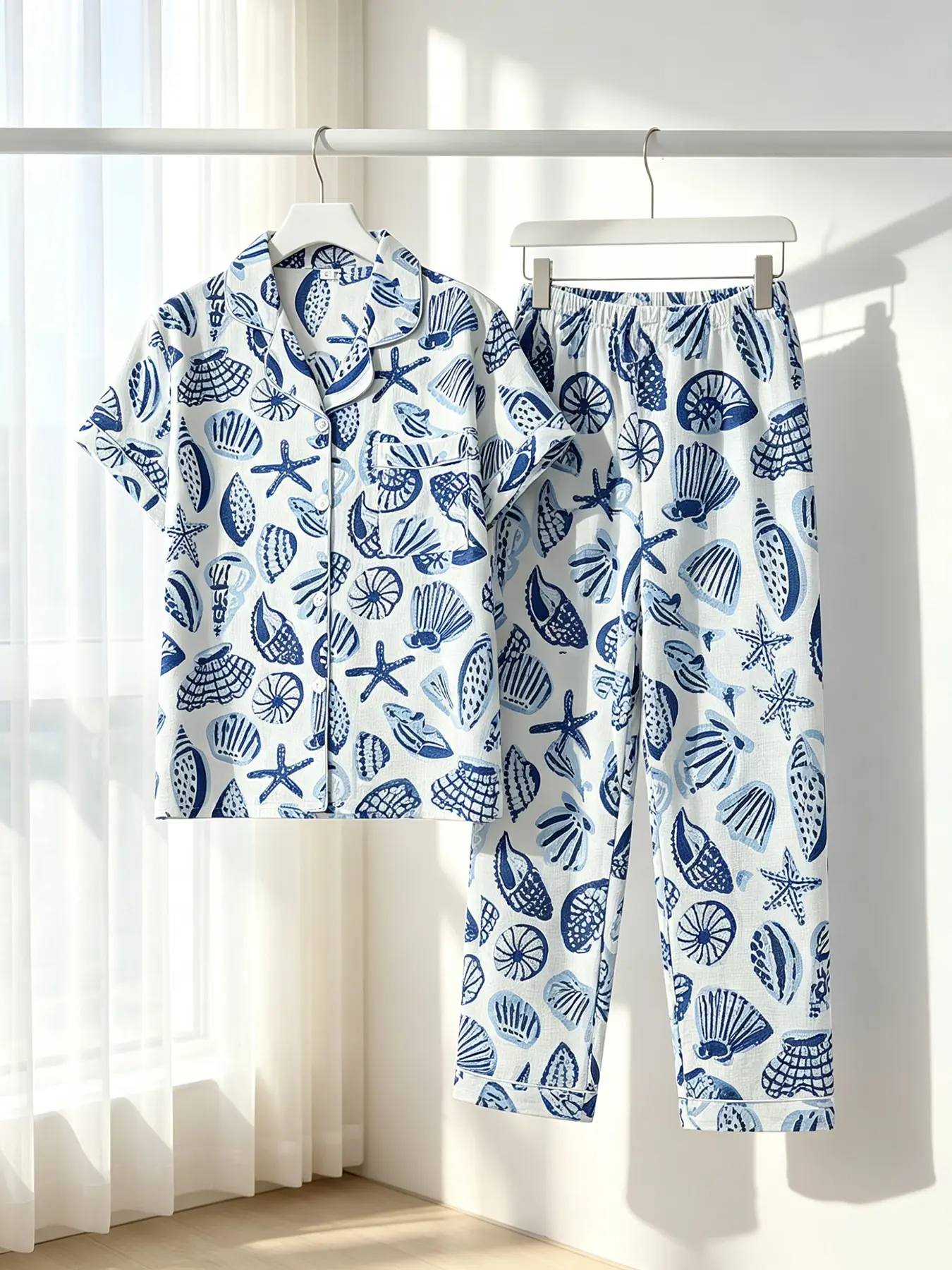 Women's Button-Down Short Sleeve Top & Long Pants Pajamas Lounge Set, All Over Seashell Print, White Blue Base, Front Pocket, All Season Wear, Comfortable Cozy Coastal Aesthetic Loungewear, Nightwear, PJ Set