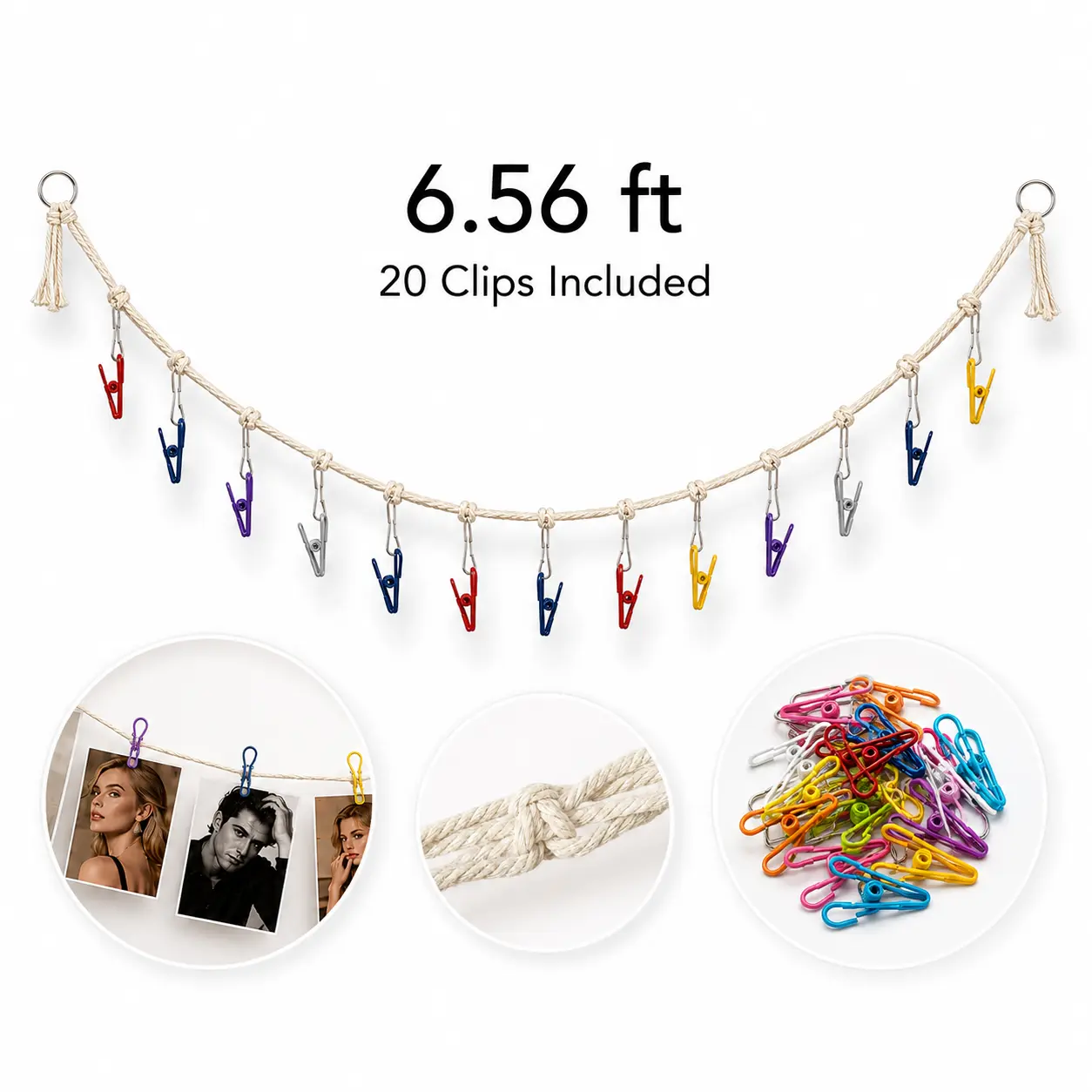 Macrame Photo Display Rope with 20 Multi-Color Clips, 6.56FT Cotton Knotted Wall Hanging String, Boho Aesthetic Decor for Polaroid Photos, Dorm & Bedroom Wall Gallery Decor