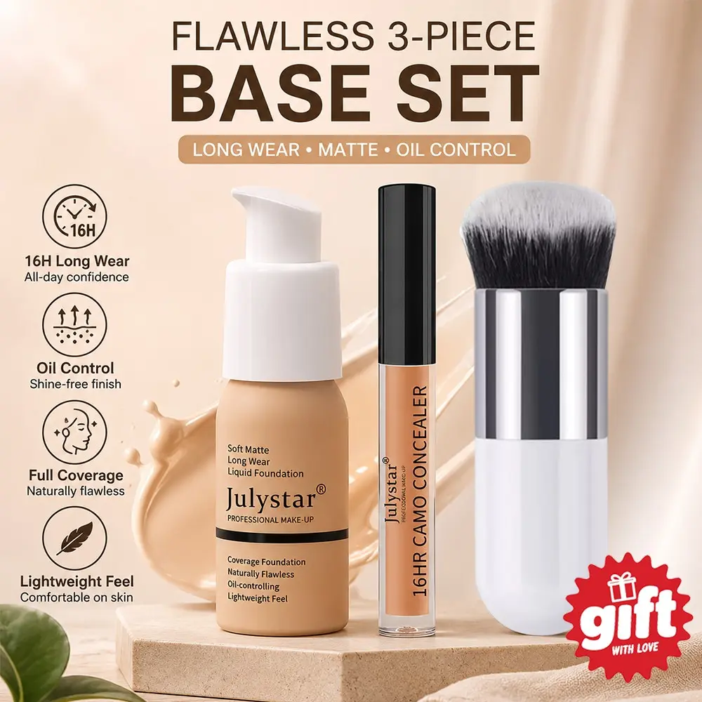 Long Wear Matte Liquid Foundation Concealer 3‑In‑1 Makeup Set With Blending Brush, Oil‑Shine Control Breathable Light Texture, Conceal Dark Circles Blemishes Pores, Natural Nude Skin Finish For Party Daily Makeup