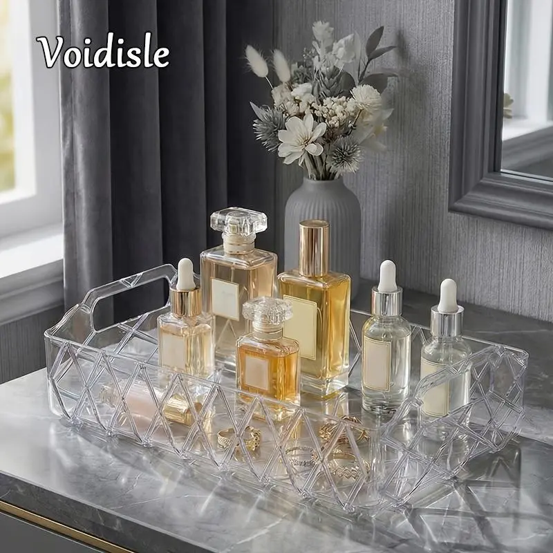 1pc Tray Storage Rack, Quadrilateral Lace, with Built-in Handle, Multi-functional Transparent Storage Basket, Suitable for Water, Lotion, Essence, Lipstick, Bathroom, Living Room, Large-capacity Desktop Storage Box, Cosmetics Storage Box