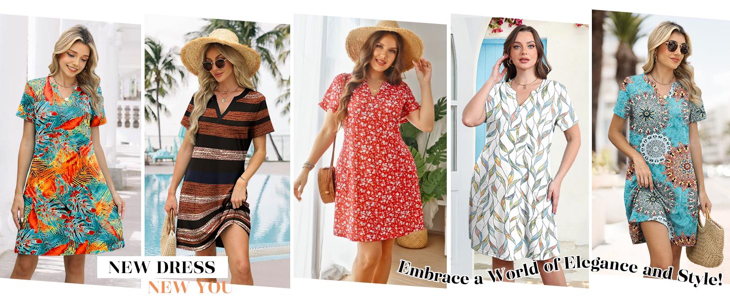 OFEEFAN Summer Dress Dresses for Women 2026 Casual Summer V Neck Wedding Guest Dress Short Sleeve Fashion Beach Vacation Clothes