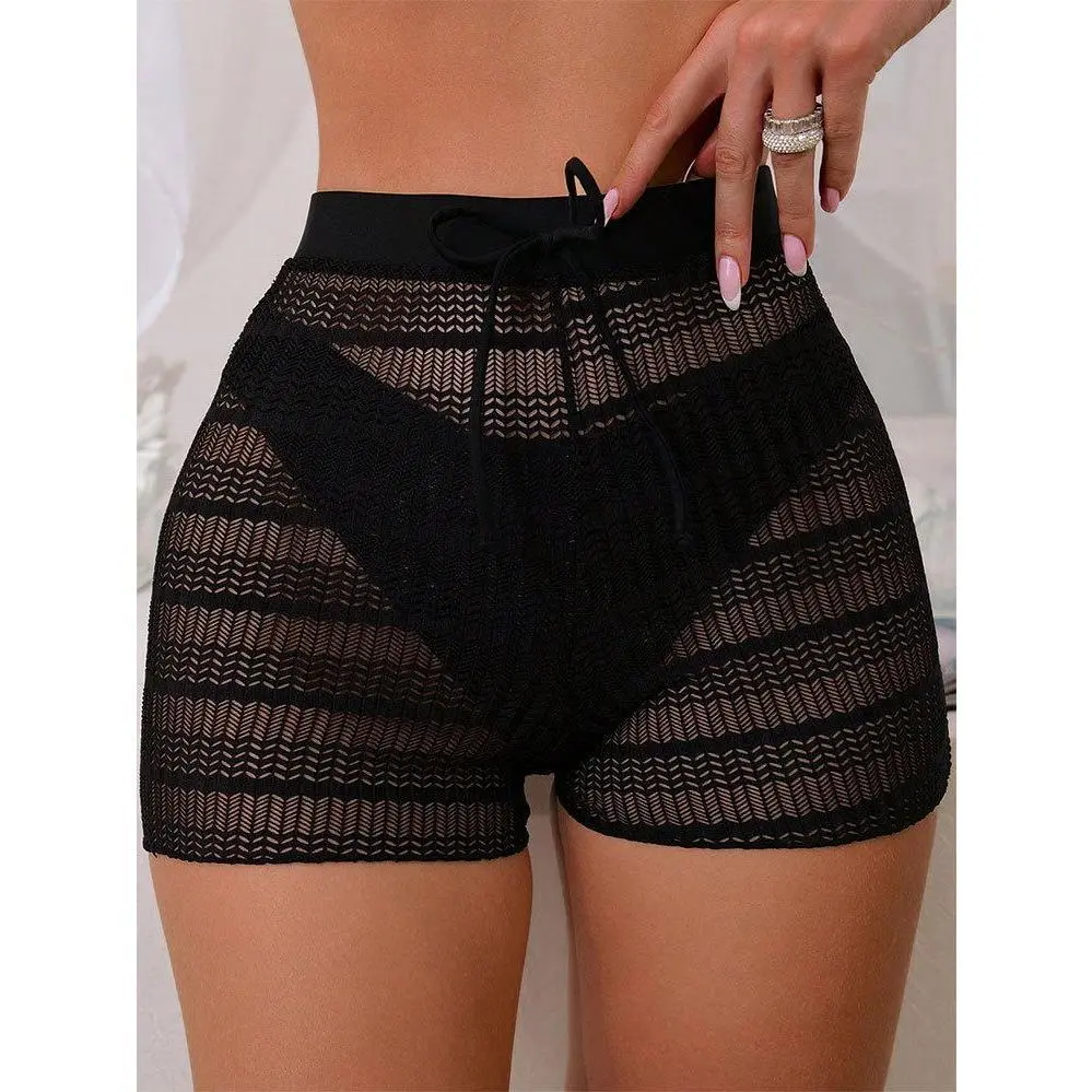 Women's High-Rise Swimwear Shorts - Polyamide Quick-Dry Tummy Control Cover Up with Hollow-Out Design, Tie-Front, Transparent Soft Fabric for Beach, Pool, Water Sports