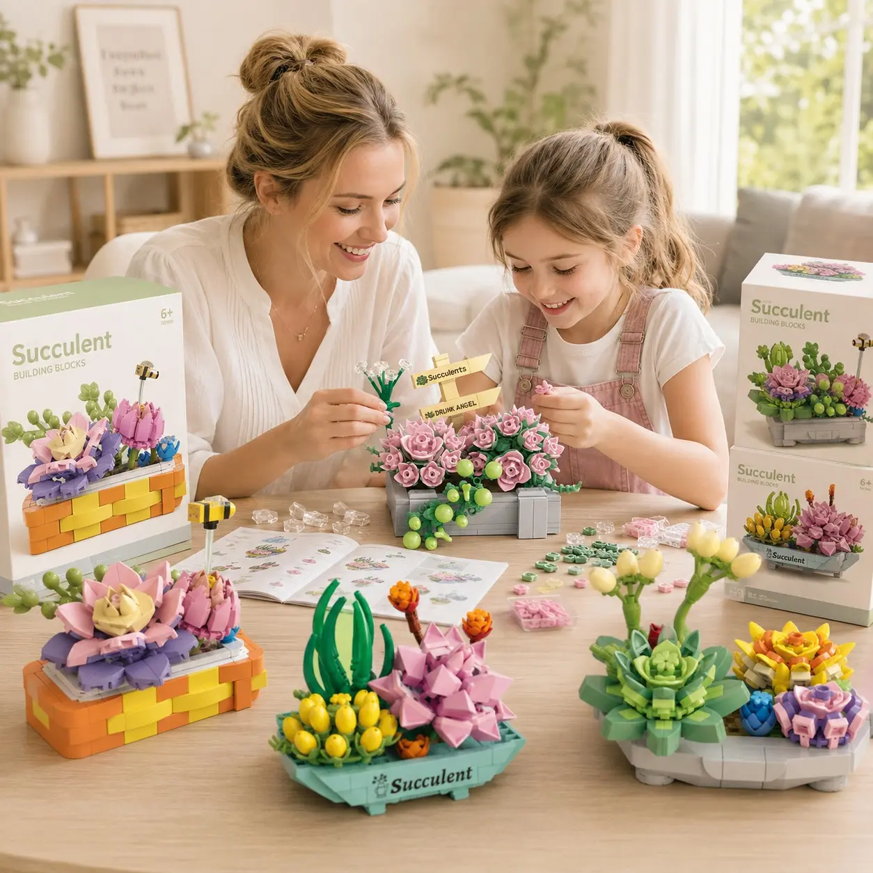 4 PC Micro Building Blocks Succulent Collection, Building Block Flowers, Floral Display Style, Four Decorative Plant Designs with Vivid Colors and Mini Pieces, Relaxing DIY Toy for Home Office Shelf Decor, Christmas Gift, Collectible Model