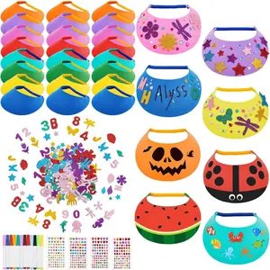 35 Pcs Assorted Craft Decorations with 24 Foam Visors for Kids, DIY Sun Visor Kit with Stickers & Markers for Arts & Crafts Activities (Bright Color)fidget toys