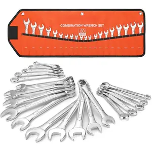 Mechanics Wrench Set Metric and Standard, 20PCS Complete Combination Wrenches Roll Set.SAE 1/4" to 3/4", Metric 6mm to 18mm, Full Wrench Set with Roll up Pouch