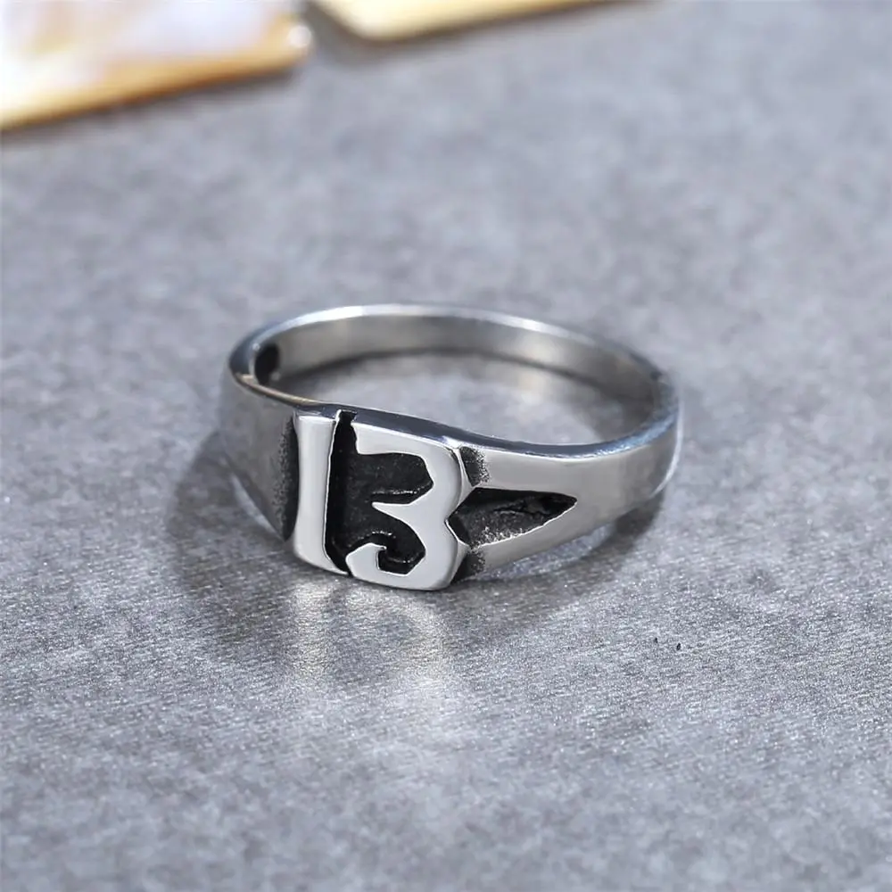 Unisex Punk Stainless Steel Waterproof Amulet Ring - Lucky Number 13, Letter Accent, Multi-Size (Including US 11), Never Fade, Elegant Daily Wear Costume Jewelry
