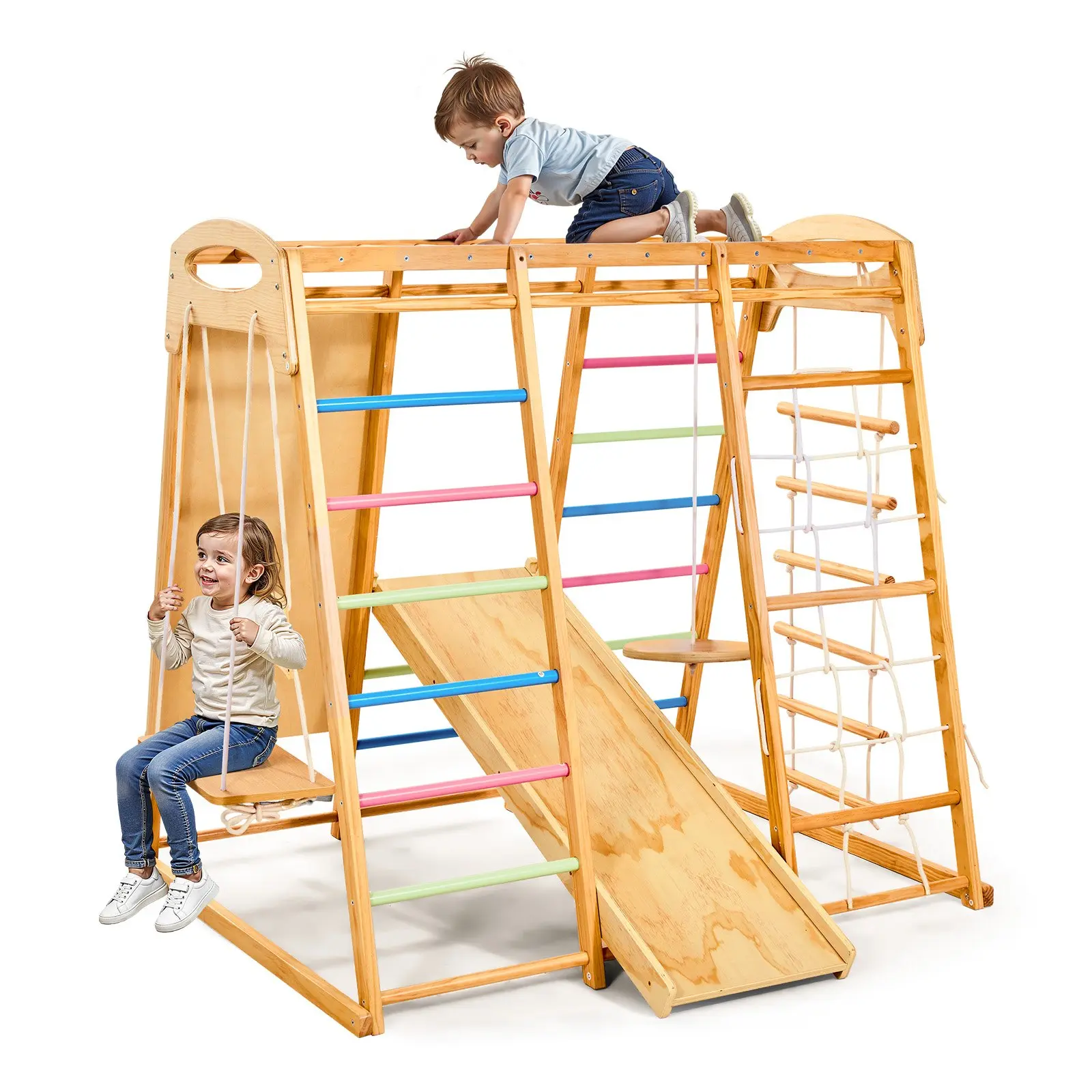 【DealsForYouDays】VEVOR 9-in-1 Unisex Montessori Climbing Toys, Wooden Indoor Playground Jungle Gym with 250 lbs Capacity, Monkey Bar, Swinging Swing, Slide, Rope Ladder, Climbing Net, Bar Rock for Toddlers' Coordination