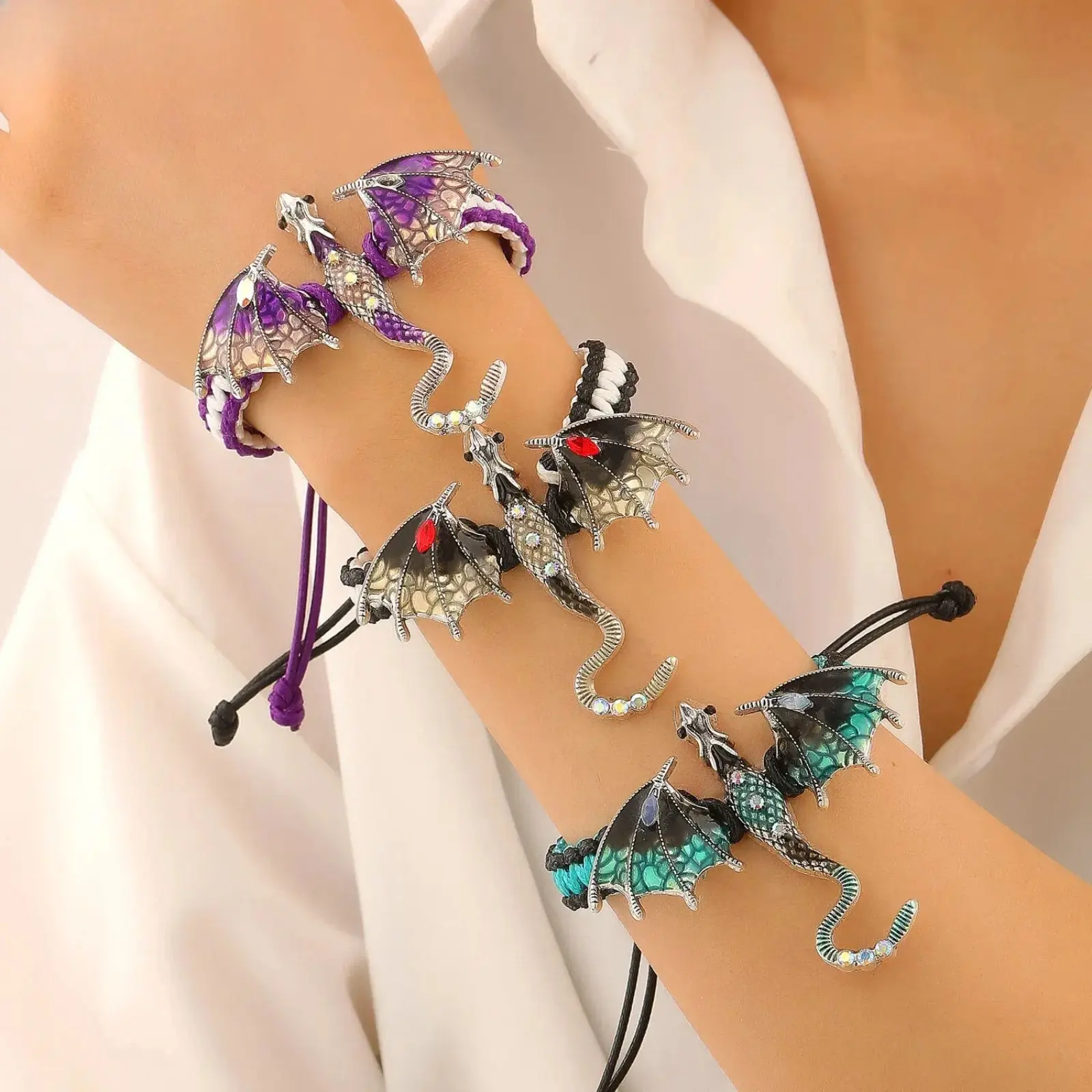 Enamel Dragon Braided Rope Bracelet, Sparkly Crystal Flying Dragon Wristband, Gothic Adjustable Handmade Bangle for Women