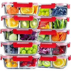10 Pack Glass Meal Prep Containers 2 Compartment Set, 30 OZ Airtight Glass Lunch Containers, Glass Food Storage Containers with Lids, for Microwave, Oven, Freezer & Dishwasher Friendly, Red
