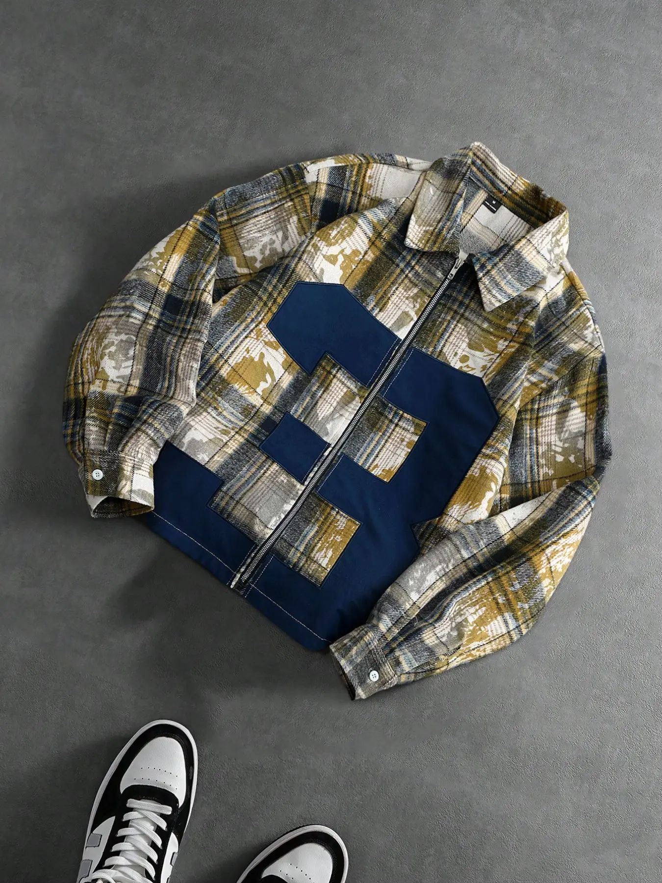 Trendy Vintage Plaid Patchwork Jacket, Distressed Blue Grid, Modern Splicing Design, Loose Fit, Essential Streetwear Outerwear, Coats