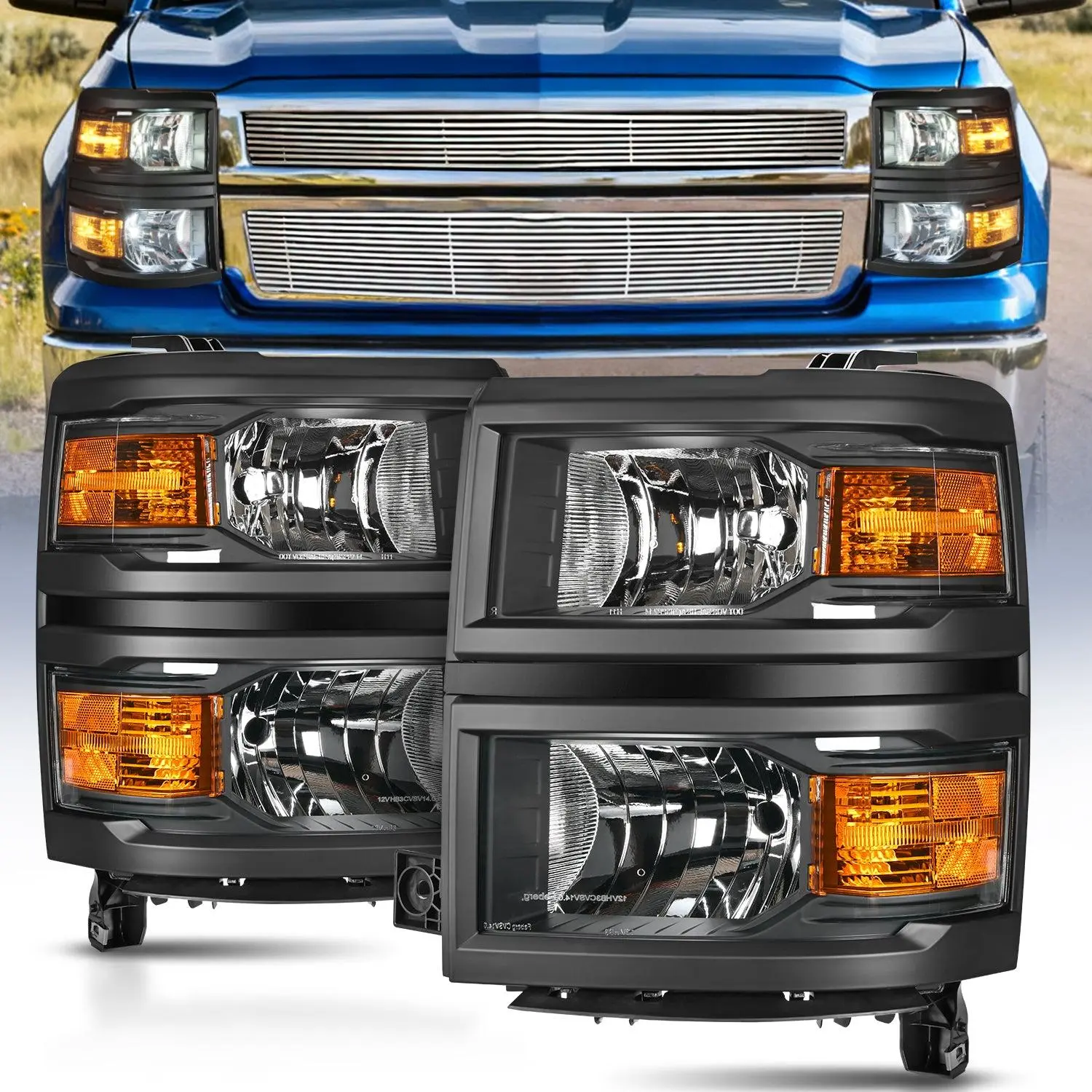 Nilight Headlight Assembly for 2014-2015 Chevy Silverado 1500, Black Housing, Amber Reflector, Waterproof, Beam Angle Adjustable, Corrosion Resistant, DOT & SAE Compliant, Driver & Passenger Side, Iron, None, Performance Part