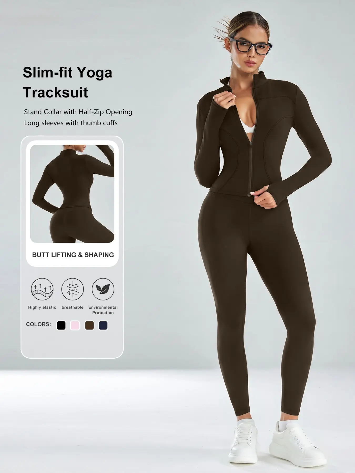 Women's Slim Fit Yoga Jacket Set, Stand Collar Zipper Thumb Hole Coat + High Waist Shapewear Pants, Breathable Fitness, Gym Sets