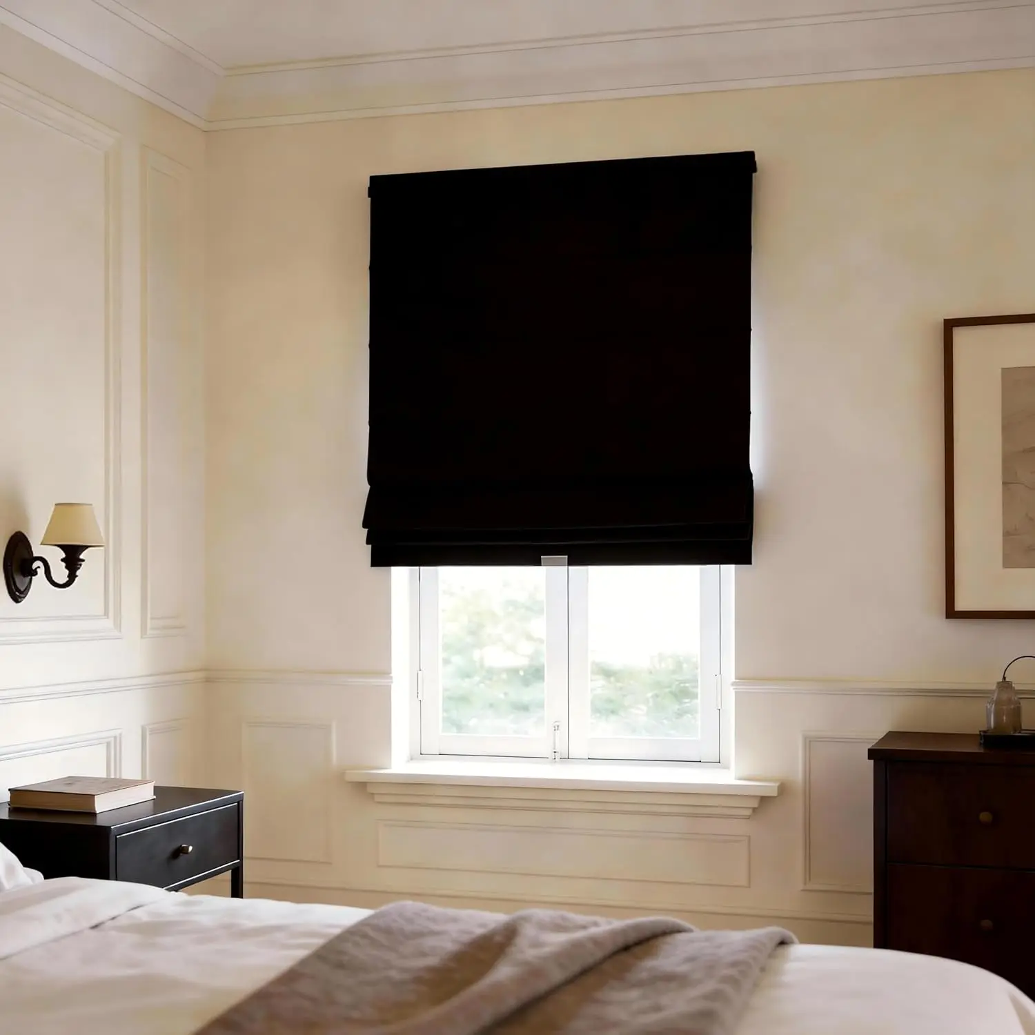 100% Blackout Cordless Roman Shades for Outside Windows Pull Down Window Blinds with 430GSM Chenille White Backing Thermal Insulated Hidden Cords 43x48 Inches Mottled Black