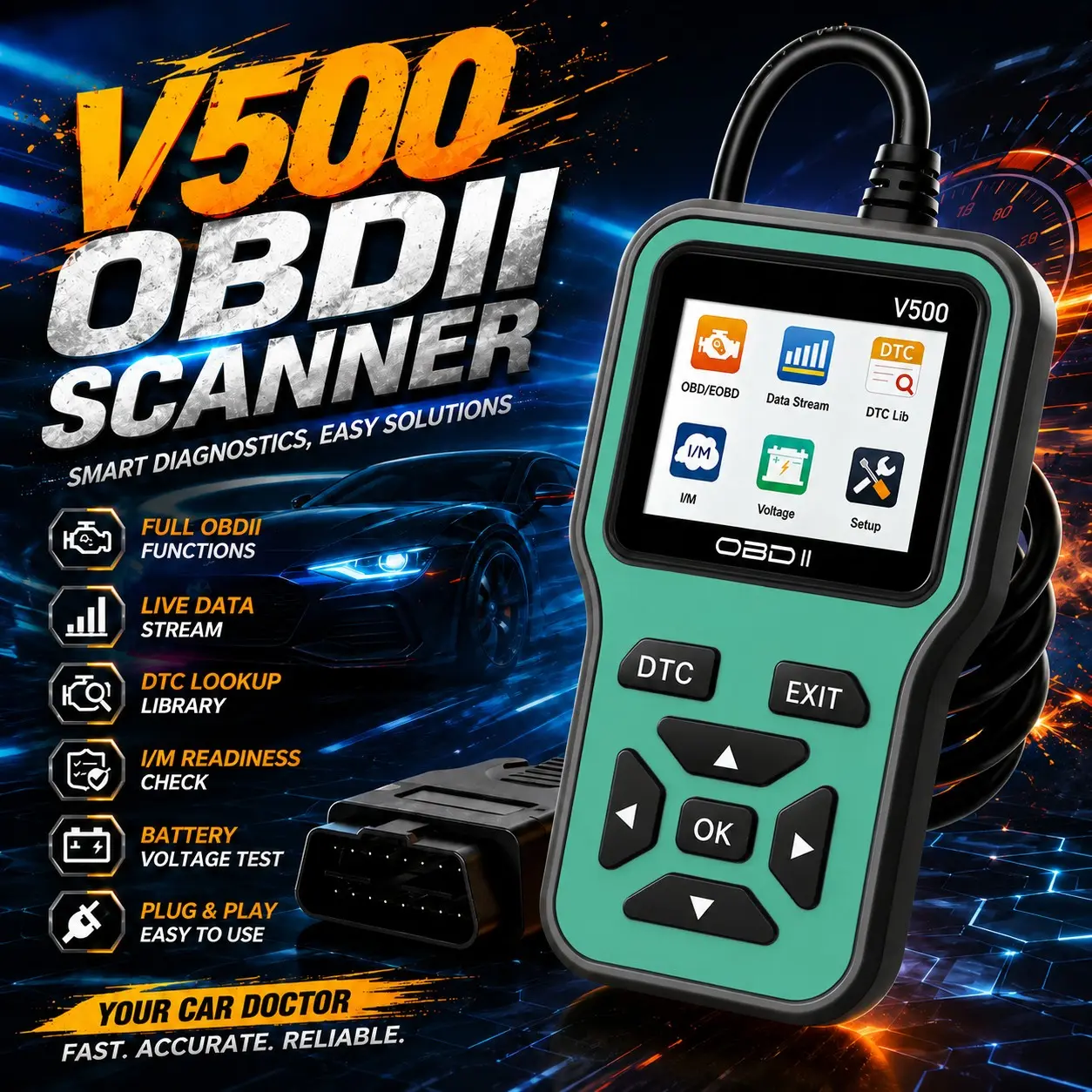 V500 Obd2 Scanner Professional Car Diagnostic Tool, Engine Fault Code Reader & Eraser, Live Data Stream Obdii Scan Tool, Abs Enclosure Material