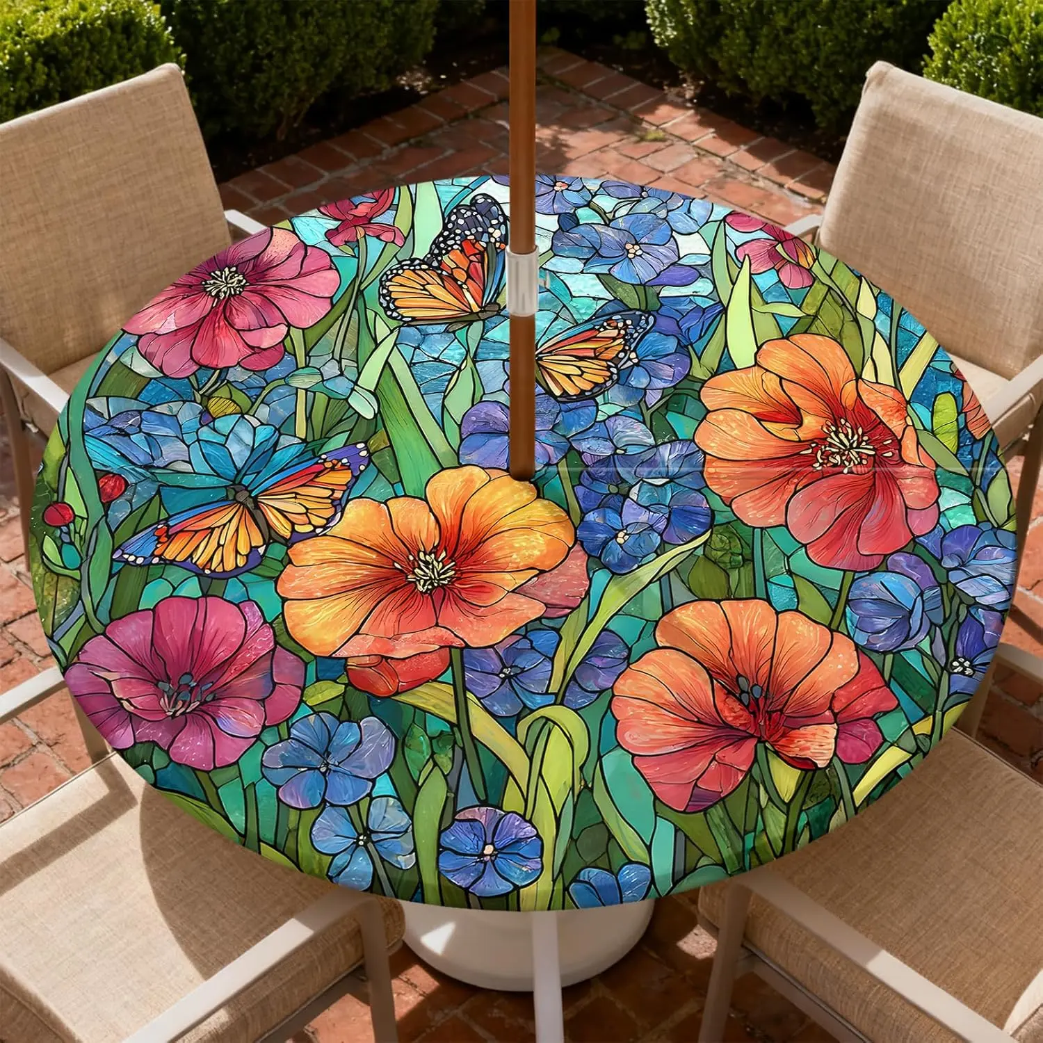 Round Outdoor Tablecloth with Umbrella Hole and Zipper Waterproof Round Fitted Tablecloth with Elastic Edge Wipeable Outdoor Table Cover for Patio Garden Picnic Party Fits 45-48" Tables