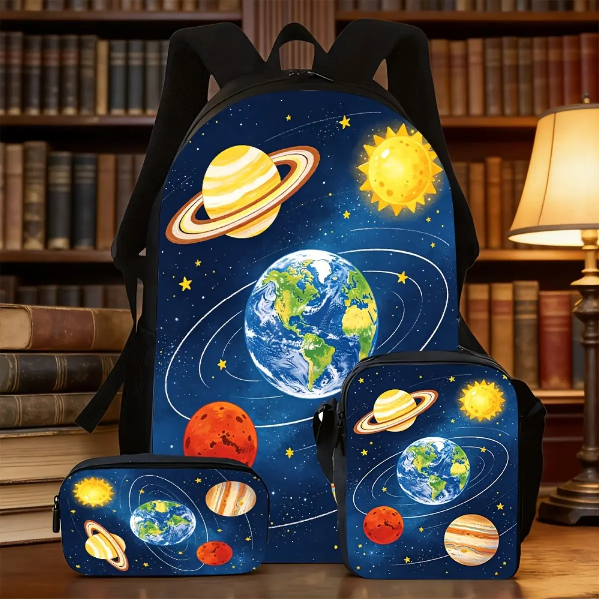 3pcs Backpack Set Featuring Printed Solar System Space Planets Earth Sun for SATURN Pattern 3pcs Includes: Backpack+pencil Purse+meal