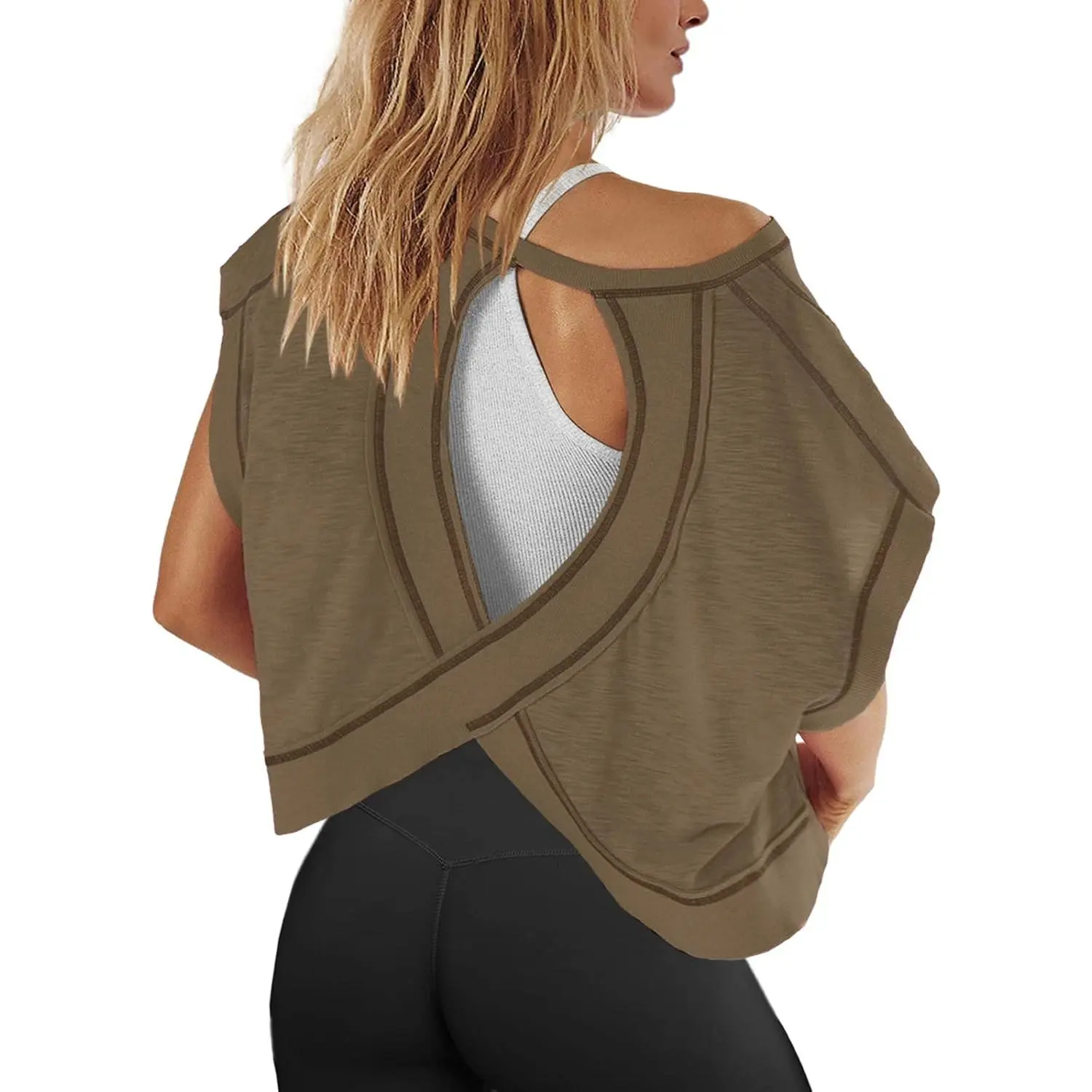 Womens Open Back Workout Top Oversized Workout T Shirts Backless Athletic Shirt Short Sleeve Baby Tee