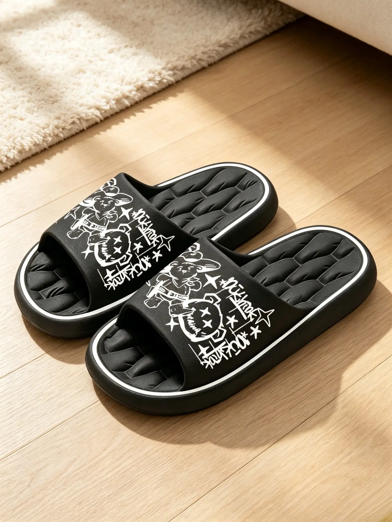 Graffiti Bear Print Cloud Slides, Couple Matching Pillow Soft Non-Slip Slippers, Indoor Outdoor Casual Home Footwear, Size Up for Wide Feet