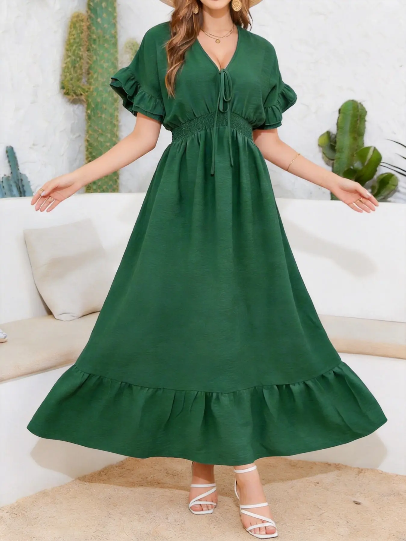Muslim Style Deep Ruffle Long Dress, Ruffle Hem Flowy, Waist Cinch Slimming, V Neck Tie, Elegant and Fashionable, Perfect for Daily Wear and Parties, Muslim Women Gowns, Modest Style Dress