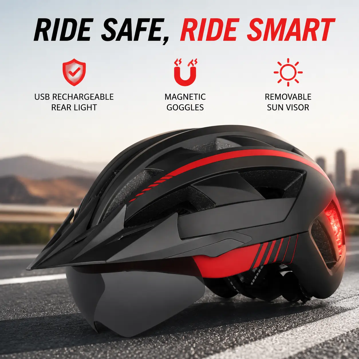 Adult Bike Helmet with USB Rechargeable Rear Light, Detachable Magnetic Goggles and Removable Sun Visor for Men and Women Mountain Road Cycling, Reflective Bike Light