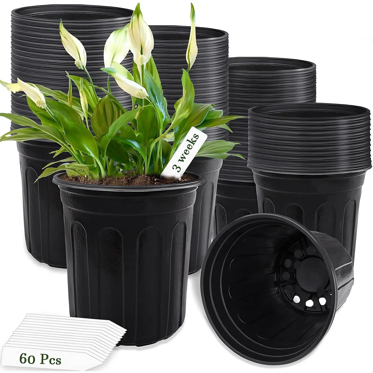 60 Pcs 1 Gallon Plant Nursery Pots, Plastic Pots with Drainage Holes, Garden Flower Container Seedling Pot with White Label for Planting, Cuttings, Transplanting, Home Garden