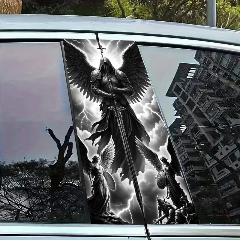 2D Flat, 2D Flat Effect "Black And White Angel And Demon Pattern" - Vehicle B-Pillar Sticker, Sunproof Waterproof Scratch-Resistant Vinyl Material, Suitable for Cars, Trucks, And Suvs