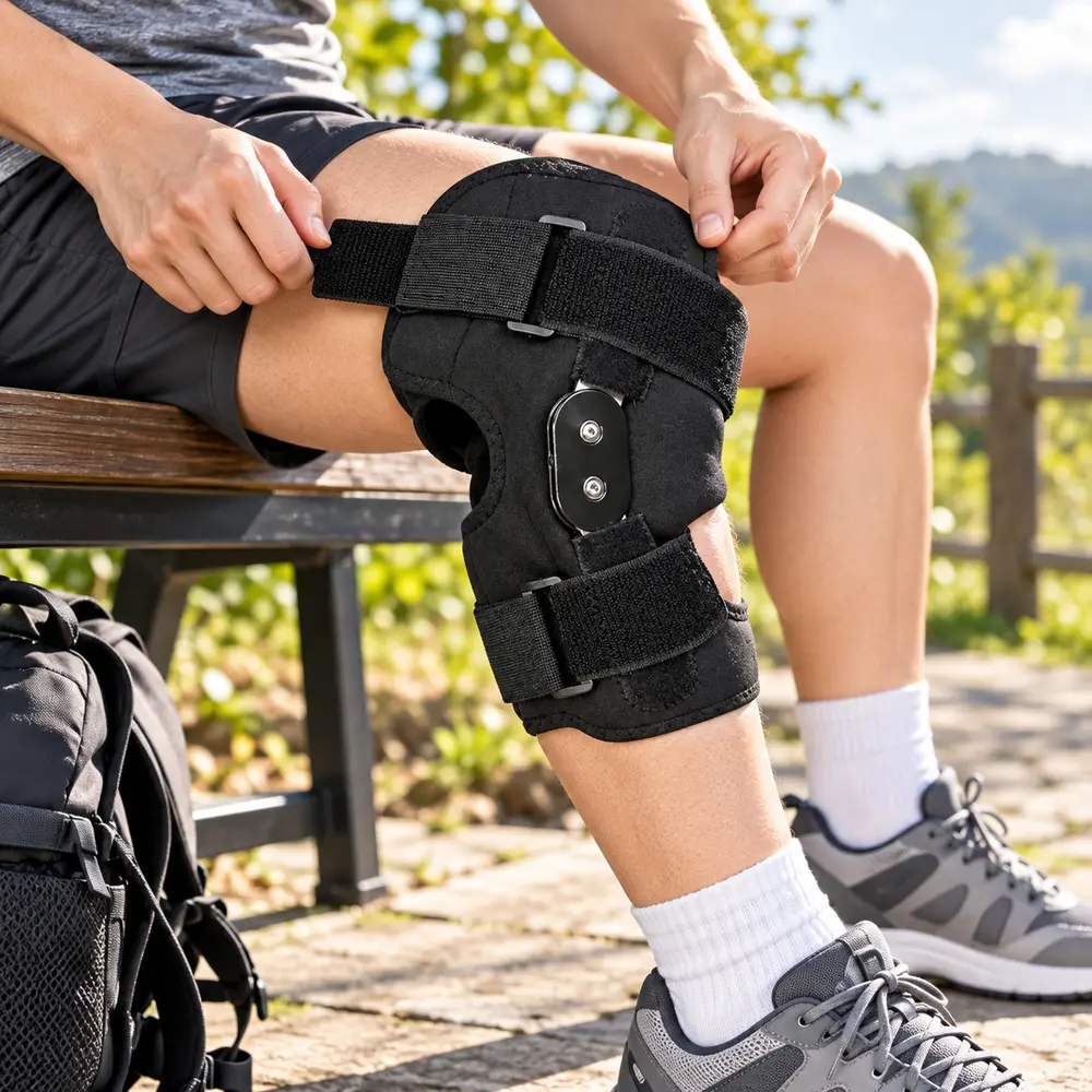 Adjustable Hinged Knee Support Brace, Walking, ACL Support & Joint Pain Relief, Hinged Spring‑Supported Knee Stabilizer Brace, Breathable Nylon Spandex Compression Sleeve, designed for clear product presentation and routine tasks