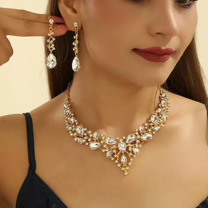 Alloy Teardrop Rhinestone Bridal 2‑Piece Jewelry Set Sparkling Rhinestone Necklace & Earring Set for Wedding and Party Occasions