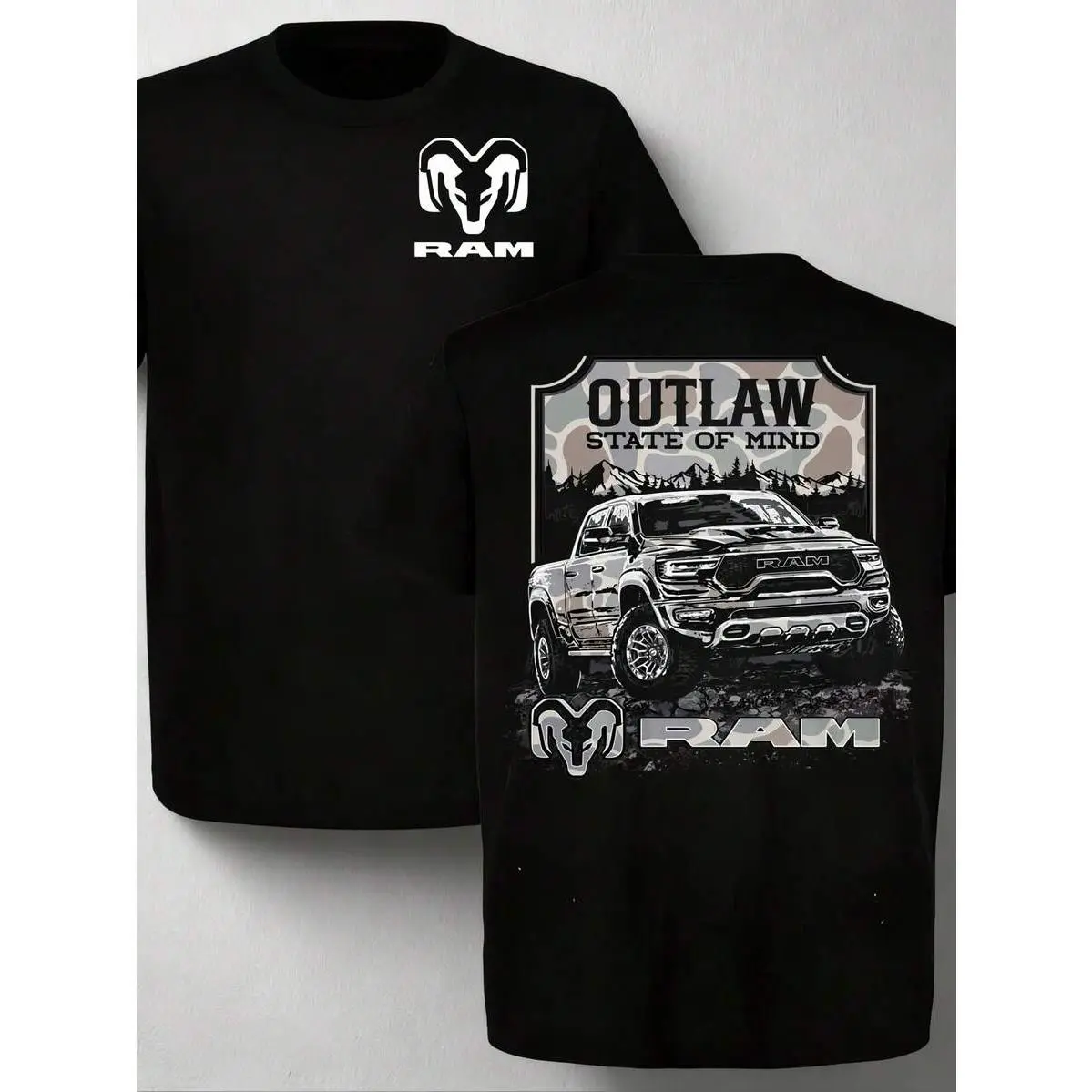 Men's Top T Shirt Ram Truck Outlaw State Of Mind Graphic Tee Rugged Off Road Vehicle Print Black Cotton Short Sleeve