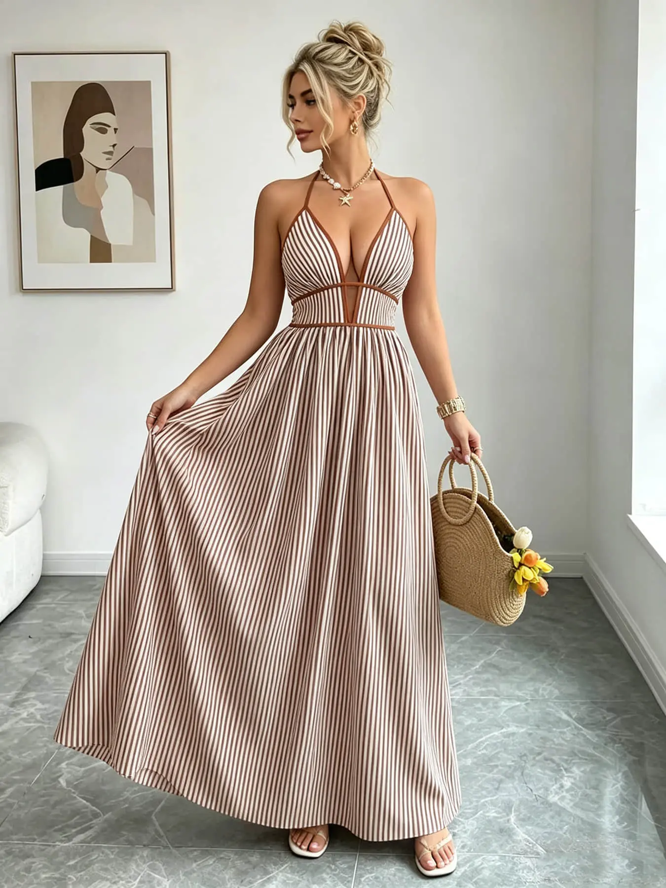 A women's French retro fashion bohemian vacation style suspender high waisted long dress with a sexy deep V-piece design, suitable for summer, summer street photography, dating and dining, and island travel.