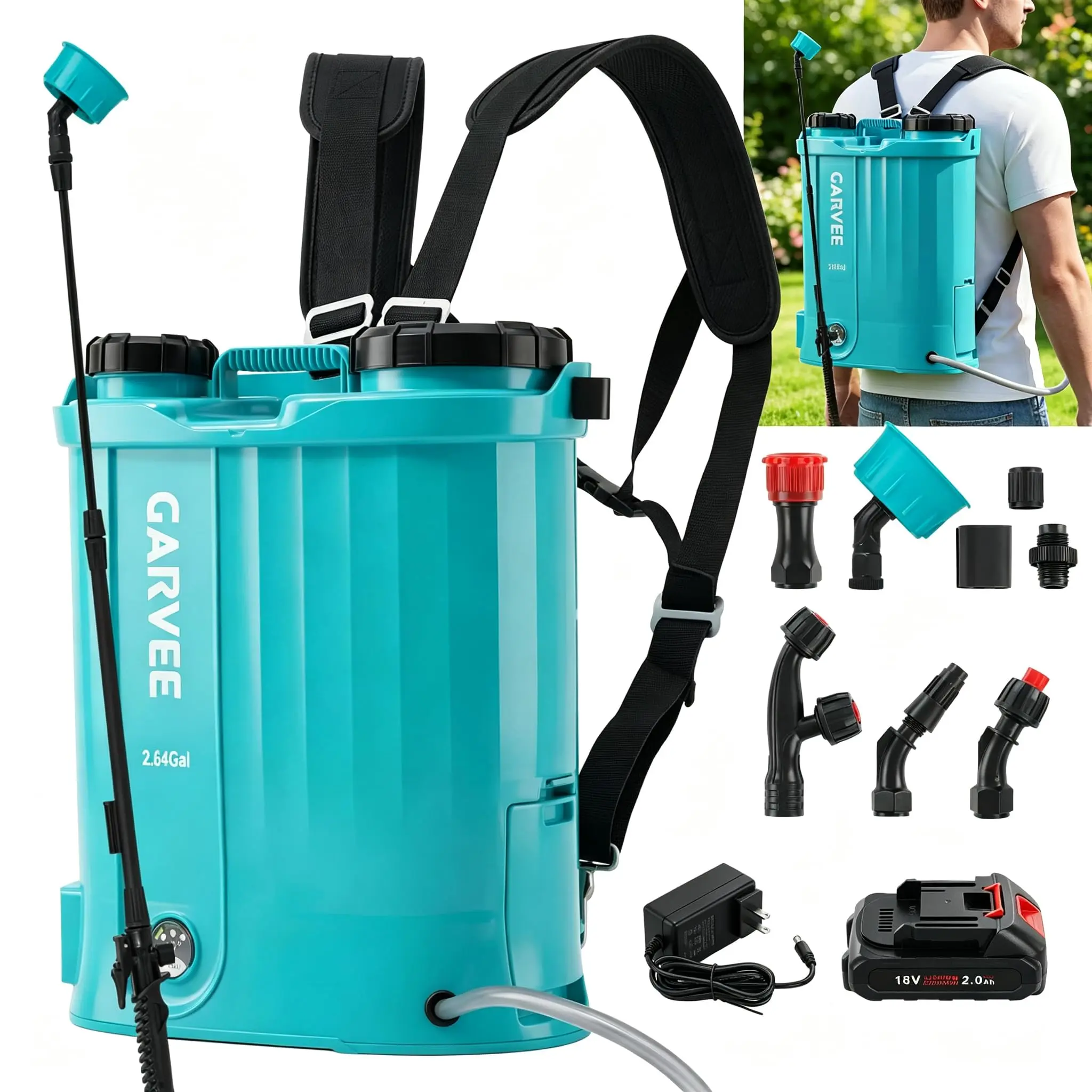 GARVEE 4.23 Gallon Battery Powered Backpack Sprayer, 0-65 PSI Adjustable Pressure, Electric Sprayer with 5 Nozzles and 1 Wands, 18V 2Ah Battery, Wide Mouth Lid for Weeding, Spraying