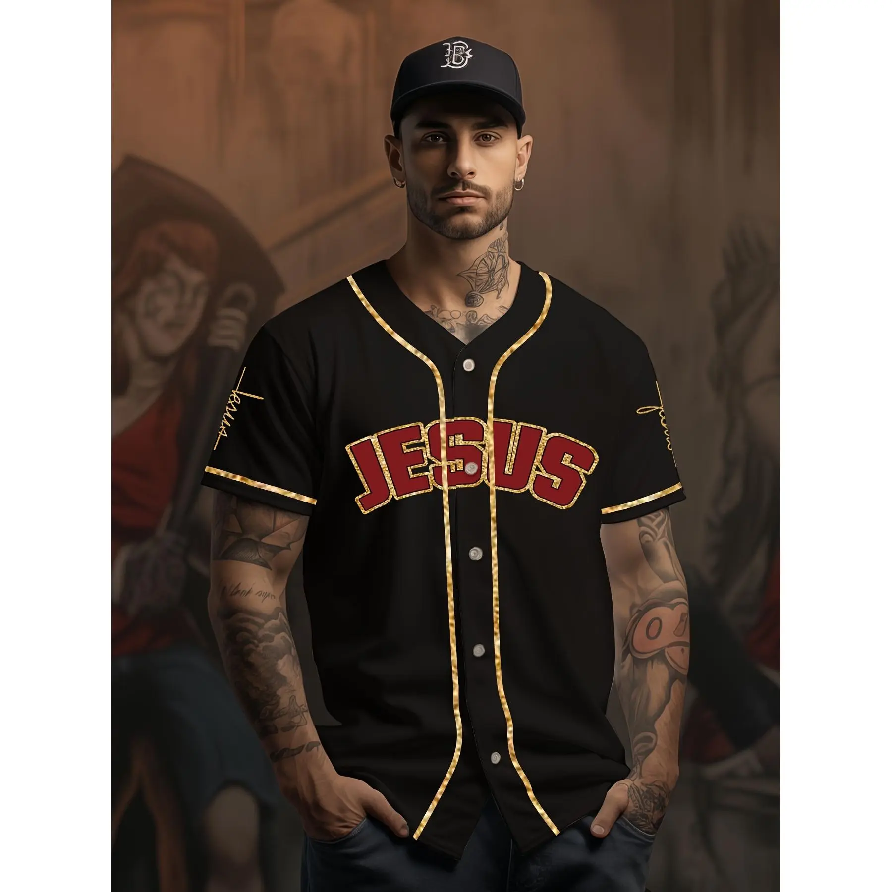 Men's Trendy JESUS SAVED MY LIFE Baseball Jersey, Retro Baseball Shirt, Slightly Stretch Breathable Sports Uniform For Training Competition Party