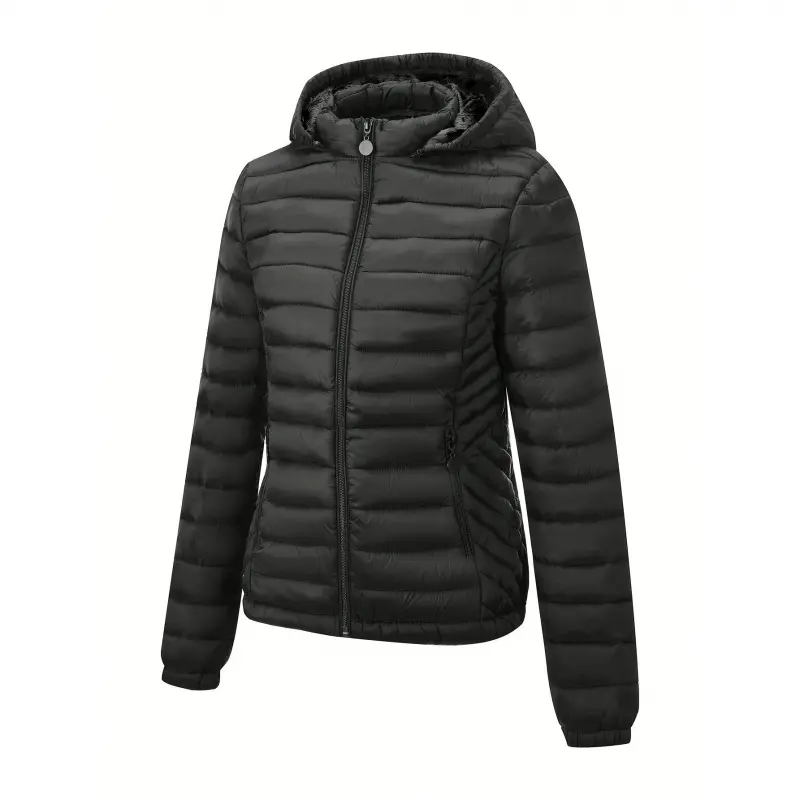 Women's Regular Black Hooded Zip-Up Puffy Hoodie - Casual Thermal Long Sleeve Tops for Fall & Winter, Sports & Outdoor Professional Clothing Jackets