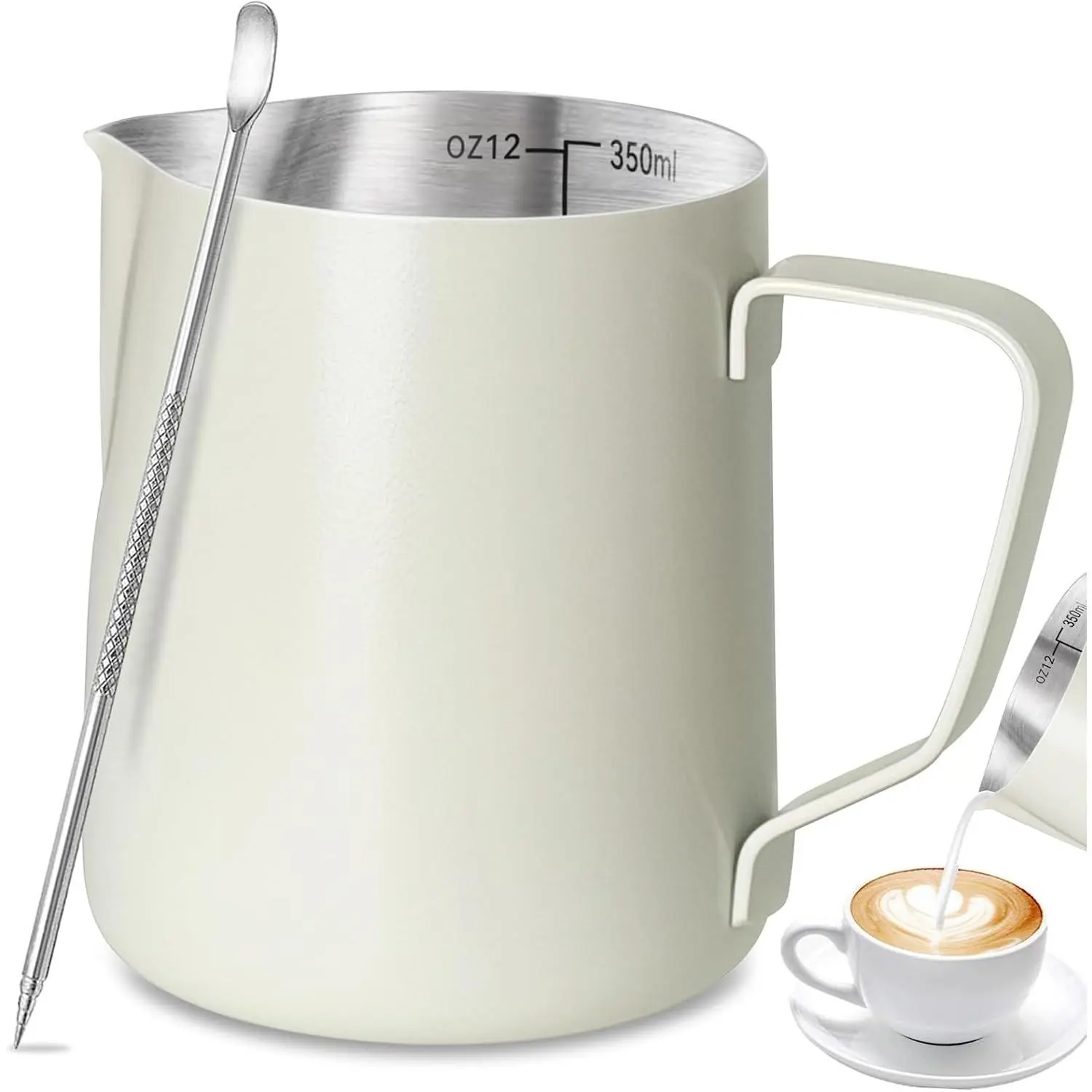 Milk Frothing Pitcher, 12oz/20oz/32oz Stainless Steel Steaming Pitcher Barista Milk Frother Cup Jug for Espresso Machine Coffee Cappuccino Latte Art - 12oz, Matte White